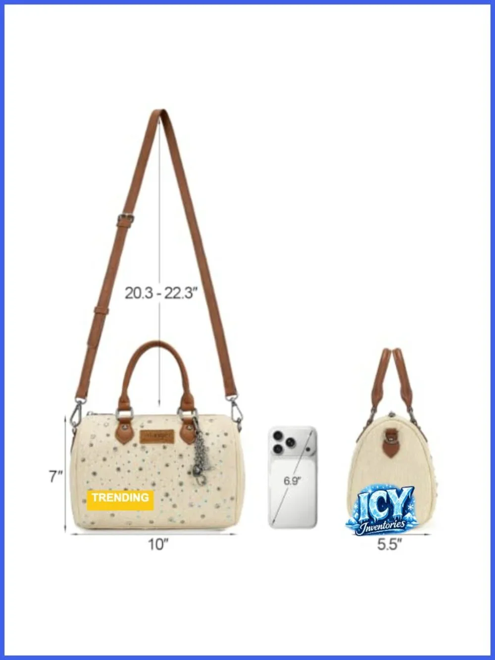 Denim Rhinestone Barrel Bag - Y2K Satchel Purse with Adjustable Crossbody Strap